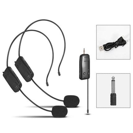 Headset Microphone for Daily Presentations and Teaching - 2.4G wireless dual headset with transmitter, USB charging cable and 1/4" adapter