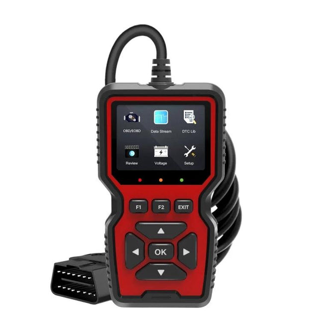 OBD2 Tool for Everyday Car Maintenance and Checks handheld scanner with cable showing screen and buttons for reading and clearing fault codes