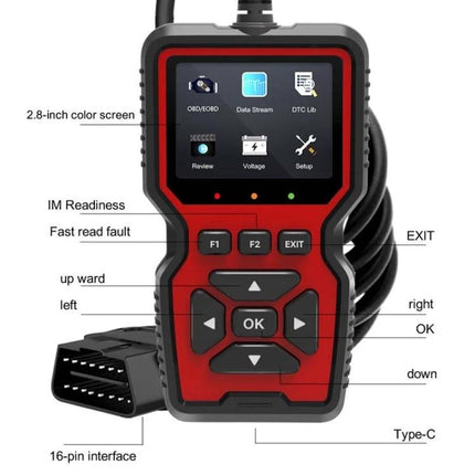 OBD2 Tool for Everyday Car Maintenance and Checks handheld scanner with 2.8-inch color screen showing diagnostics and 16-pin OBD2 connector