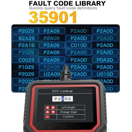 OBD2 Tool for Everyday Car Maintenance and Checks - handheld scanner showing DTC lookup and fault code library 35901