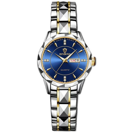 Binbong Luminous Quartz Watch for Business and Daily Use - stainless steel silver gold band with blue luminous dial and day-date display
