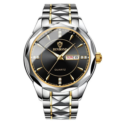 Binbong Luminous Quartz Watch for Business and Daily Use stainless steel two-tone luminous dial and day-date display