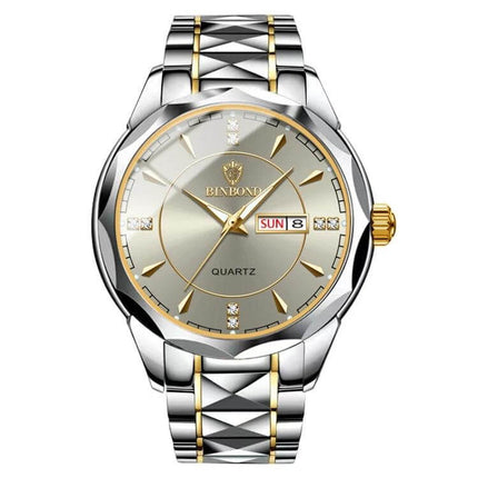 Binbong Luminous Quartz Watch for Business and Daily Use - silver and gold stainless steel wristwatch with luminous dial and day/date display