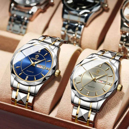 Binbong Luminous Quartz Watch for Business and Daily Use - two stainless steel gold-accented watches with luminous dials in a display case