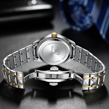 Binbong Luminous Quartz Watch for Business and Daily Use - stainless steel two-tone bracelet back view with luminous dial features