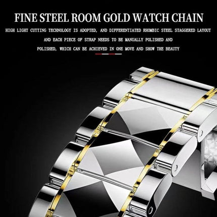 Binbong Luminous Quartz Watch for Business and Daily Use silver and gold stainless steel band close-up showcasing luminous watch chain and polished links