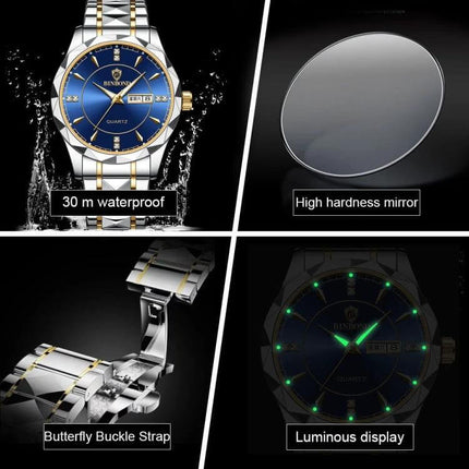 Binbong Luminous Quartz Watch for Business and Daily Use - stainless steel blue dial, luminous display, 30m waterproof, butterfly buckle, high hardness mirror