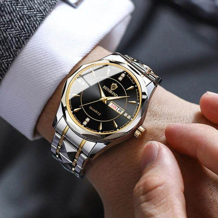 Binbong Luminous Quartz Watch for Business and Daily Use - elegant two-tone stainless steel wristwatch with luminous black dial and date display