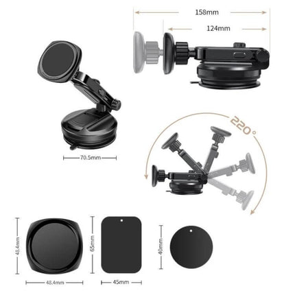 Car Telescopic Suction Cup Magnetic Phone Holder Non Slip shown mounted on dash with 220° swivel, telescopic arm and magnetic pad for phones
