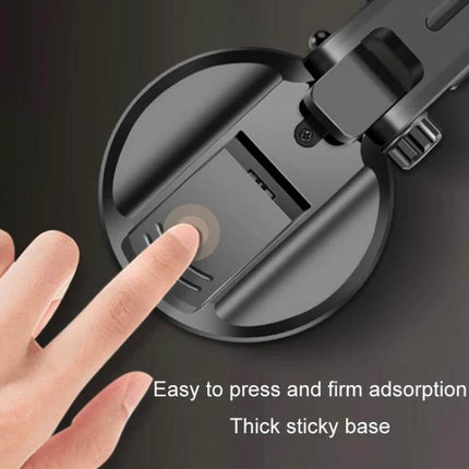 Car Telescopic Suction Cup Magnetic Phone Holder Non Slip showing finger pressing thick sticky suction base for firm adsorption and adjustable arm