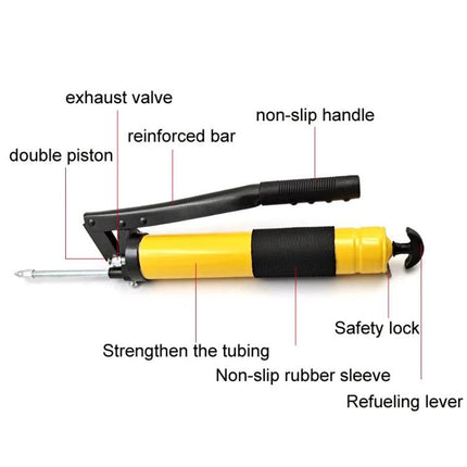 Handheld Grease Gun for Everyday Vehicle Maintenance Tasks - yellow lever-action grease gun with non-slip handle, safety lock, reinforced bar, and rubber sleeve