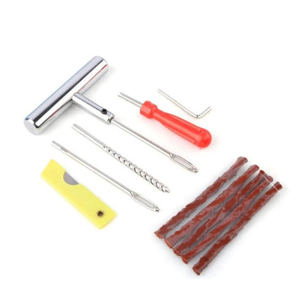Practical Tire Repair Kit for Roadside and Daily Car Fixes showing plug strips, reamer, insertion tool and accessories for on-the-road tire patching