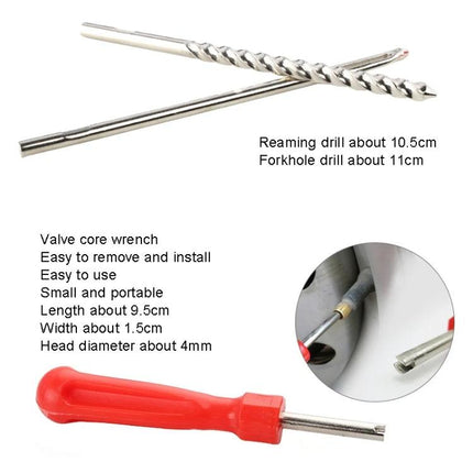 Practical Tire Repair Kit for Roadside and Daily Car Fixes — close-up of reaming drill, forkhole drill and red valve core wrench for tire plug repairs
