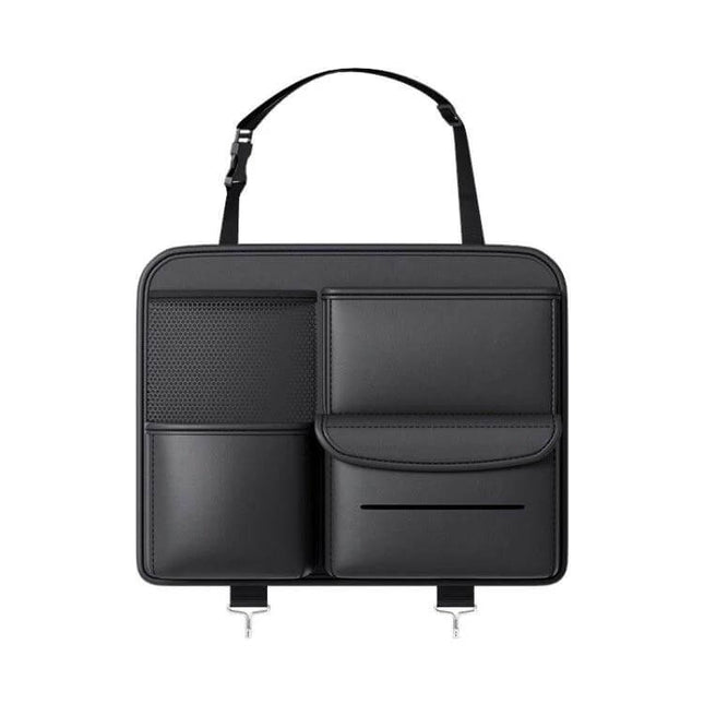 Multifunctional Car Seat Back Storage Bag Black Backseat Organizer with multiple pockets for tablets bottles chargers and toys, eco leather backseat organizer