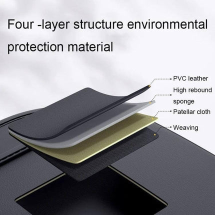 Multifunctional Car Seat Back Storage Bag Black Backseat Organizer showing four-layer PVC leather, high rebound sponge, patellar cloth and weaving construction