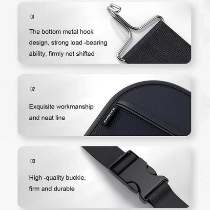 Multifunctional Car Seat Back Storage Bag Black Backseat Organizer showing metal hook, leather finish, and durable buckle details