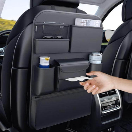 Multifunctional Car Seat Back Storage Bag Black Backseat Organizer with pockets for tablets bottles chargers and tissues, black eco-leather car backseat organizer