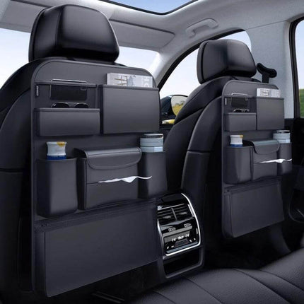 Multifunctional Car Seat Back Storage Bag Black Backseat Organizer attached to car seats showing tablet, bottles, and multi-pocket storage