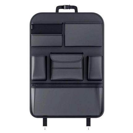 Multifunctional Car Seat Back Storage Bag Black Backseat Organizer in black eco leather with multiple pockets for tablets bottles chargers and toys