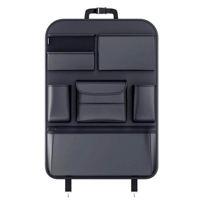 Multifunctional Car Seat Back Storage Bag Black Backseat Organizer in black eco leather with multiple pockets for tablets bottles chargers and toys