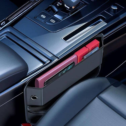 Car Gap Storage Box For In Car Organization Large Capacity black eco-friendly PVC leather organizer holding phone and cards between seat and console