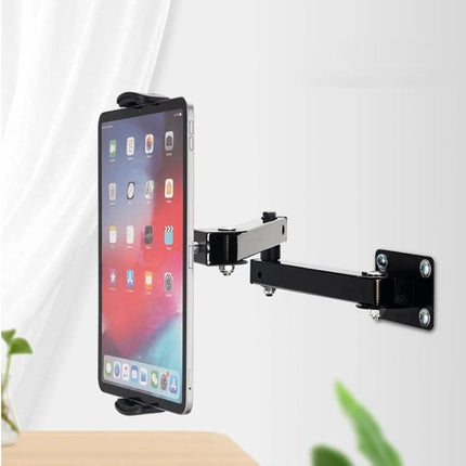 Wall Mount Stand for 4-13 Inch Tablets and Phones with Adjustable Arm holding a tablet on a swivel wall-mounted adjustable arm, ideal for kitchen or office