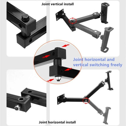 Wall Mount Stand for 4-13 Inch Tablets and Phones with Adjustable Arm showing joint horizontal and vertical install for versatile wall positioning