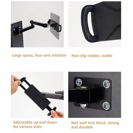 Wall Mount Stand for 4-13 Inch Tablets and Phones with Adjustable Arm showing adjustable arm, non-slip holder, wall mount plate and tablet in use