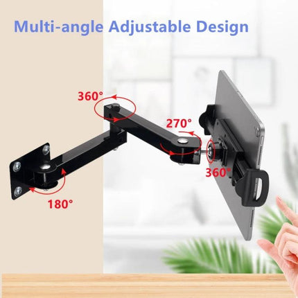 Wall Mount Stand for 4-13 Inch Tablets and Phones with Adjustable Arm mounted in kitchen showing multi-angle adjustable arm for tablet and phone viewing