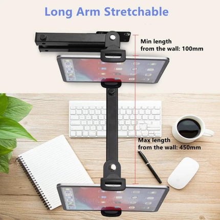 Wall Mount Stand for 4-13 Inch Tablets and Phones with Adjustable Arm showing long adjustable arm mounted above desk for kitchen or office