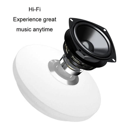 Color-Changing Ceiling Lamp for Daily Home Relaxation showing Bluetooth speaker-enabled hi-fi driver and soft white diffuser creating relaxing ambient light