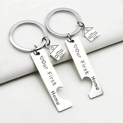 Stainless Steel House Keychain Set Of 2 For Everyday Keys - pair of 304 stainless steel house keychains with engraved “Our First Home” tags