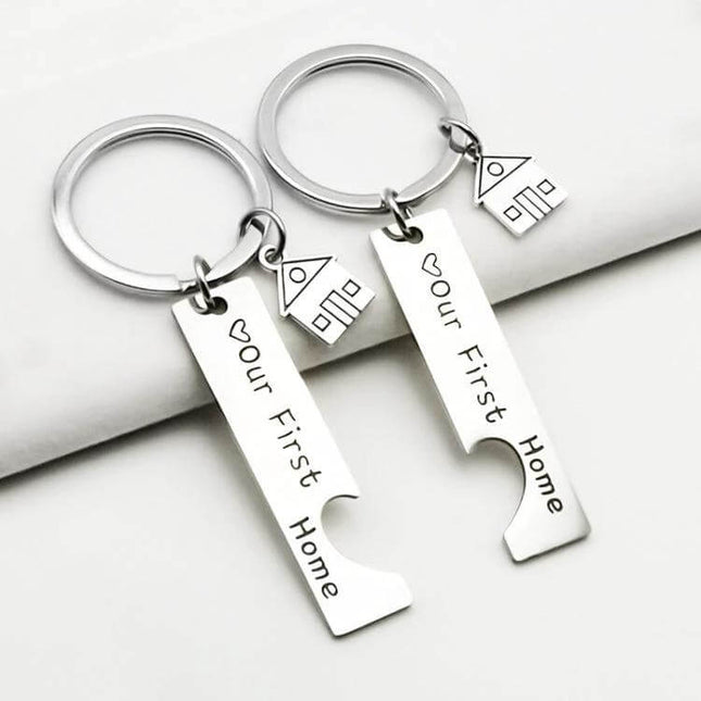 Stainless Steel House Keychain Set Of 2 For Everyday Keys - pair of 304 stainless steel house keychains with engraved “Our First Home” tags