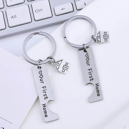 Stainless Steel House Keychain Set Of 2 For Everyday Keys - two 304 stainless steel bottle-opener style keychains engraved ‘Our First Home’