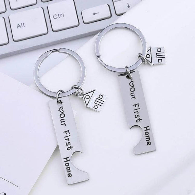 Stainless Steel House Keychain Set Of 2 For Everyday Keys - two 304 stainless steel bottle-opener style keychains engraved ‘Our First Home’