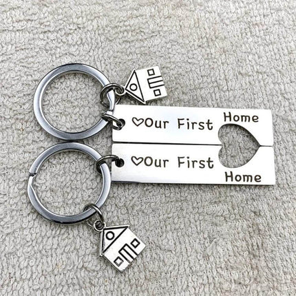 Stainless Steel House Keychain Set Of 2 For Everyday Keys - matching 'Our First Home' split heart pair, 304 stainless charm keyrings