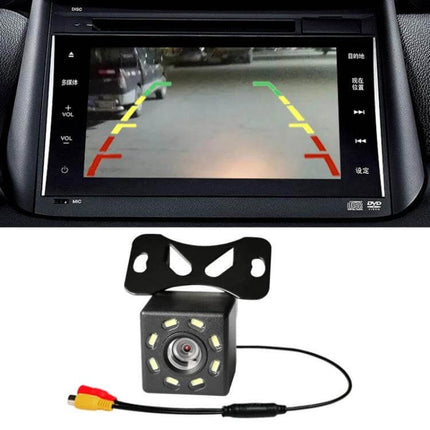 HD Reversing Camera with LED Lights for Nighttime Car Parking showing 170-degree wide-angle rear view and 8 LEDs for improved night parking visibility