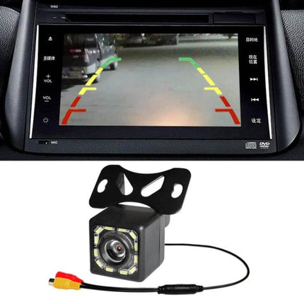 HD Reversing Camera with LED Lights for Nighttime Car Parking showing 170-degree wide-angle camera and monitor with parking guidelines