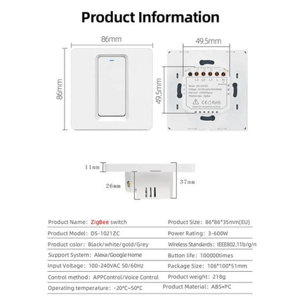 Tuya ZigBee Smart Switch for App and Voice Home Control wall switch front and back view with dimensions and technical specifications