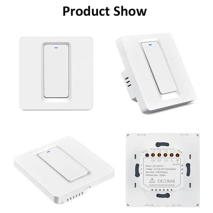 Tuya ZigBee Smart Switch for App and Voice Home Control - white wall switch front and back views, LED indicator