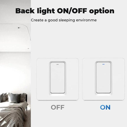 Tuya ZigBee Smart Switch for App and Voice Home Control showing back light on/off option with switches in OFF and ON states