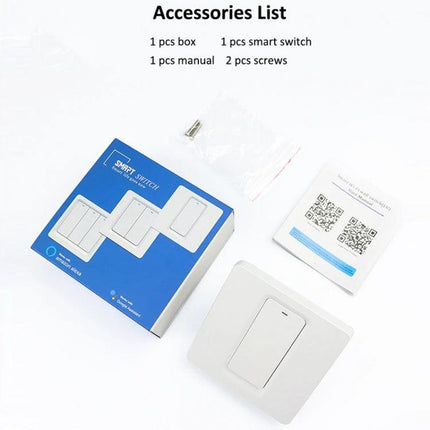 Tuya ZigBee Smart Switch for App and Voice Home Control - white smart wall switch kit with box, manual, and screws
