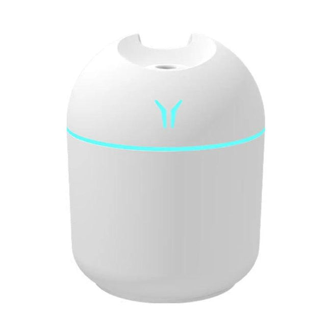 USB Mini Desk Humidifier 250ml With Colorful Night Light compact white USB-powered desk humidifier with soft blue glow