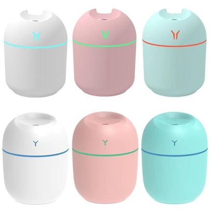 USB Mini Desk Humidifier 250ml With Colorful Night Light shown in six pastel colors on a white background