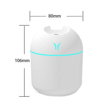 USB Mini Desk Humidifier 250ml With Colorful Night Light compact white USB humidifier with teal LED ring, 80mm x 106mm dimensions