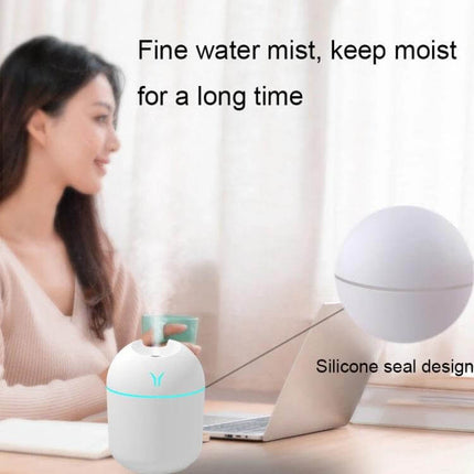USB Mini Desk Humidifier 250ml With Colorful Night Light on desk emitting fine mist with silicone seal and soft multicolor glow