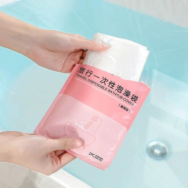 Convenient Disposable Bag for Daily Home Bathing Needs shown as pink travel disposable bathtub cover pack held over bathtub