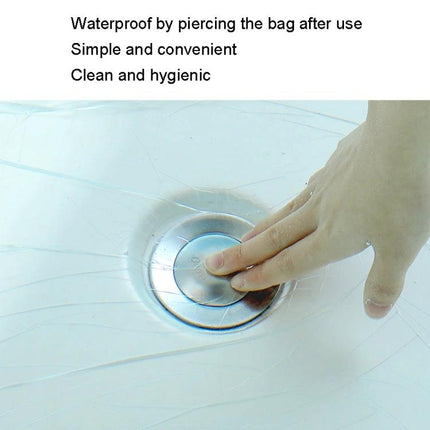Convenient Disposable Bag for Daily Home Bathing Needs showing waterproof tub liner pierced for draining, clean hygienic disposal