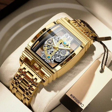 BINBOND Luminous Waterproof Men's Business Watch gold skeleton dial metal case with steel bracelet, luminous hands for low-light business wear