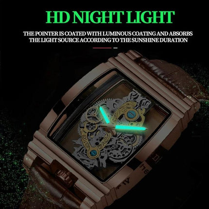 BINBOND Luminous Waterproof Men's Business Watch showing luminous green hands on a metal case with leather strap for night visibility